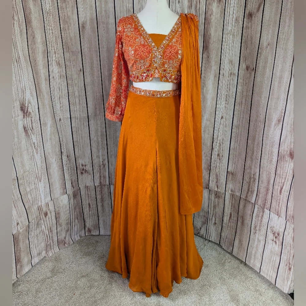 Orange Long Sleeves Crop Top, Palazzo and dupatta Set for Wedding Events - Picture 1 of 16